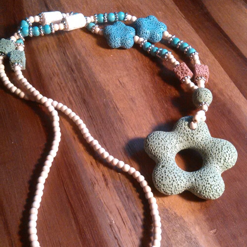 Starfish Lava Stone with White and Blue Howlite Necklace (28 Inch)